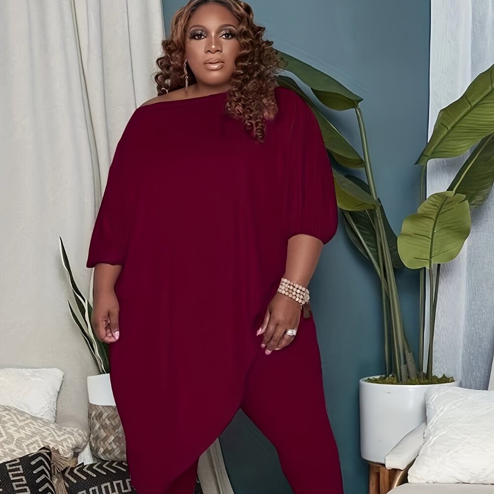 Plus Size Off-Shoulder 2PC Set | Asymmetrical Top + Stretch Pants (1X–5X) - Picture 1 of 3